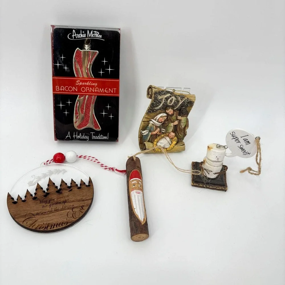 Lot of 5 Christmas Ornaments Bacon, Nativity, Santa Log, S'mores, Laser-Cut Tree
